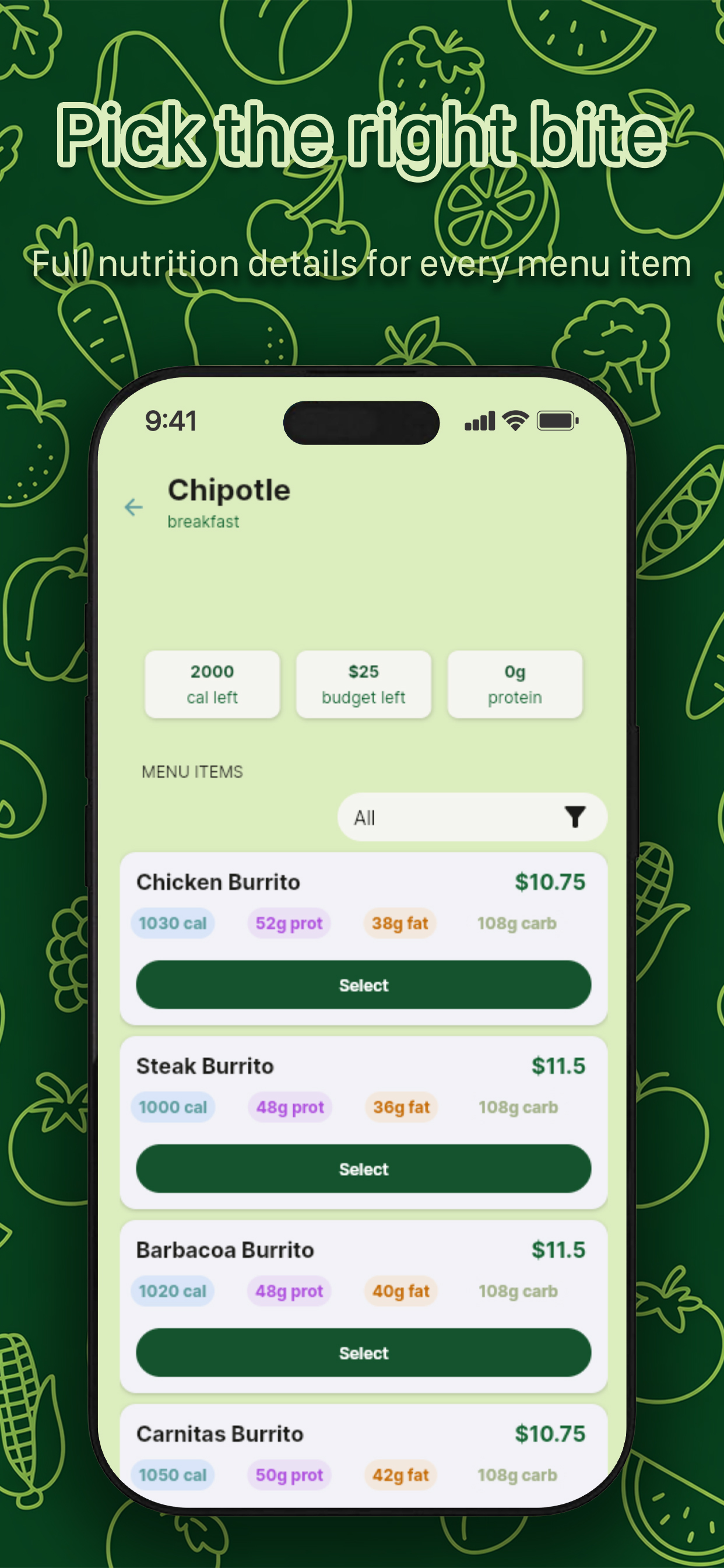 BitePath menu item selection with nutritional details