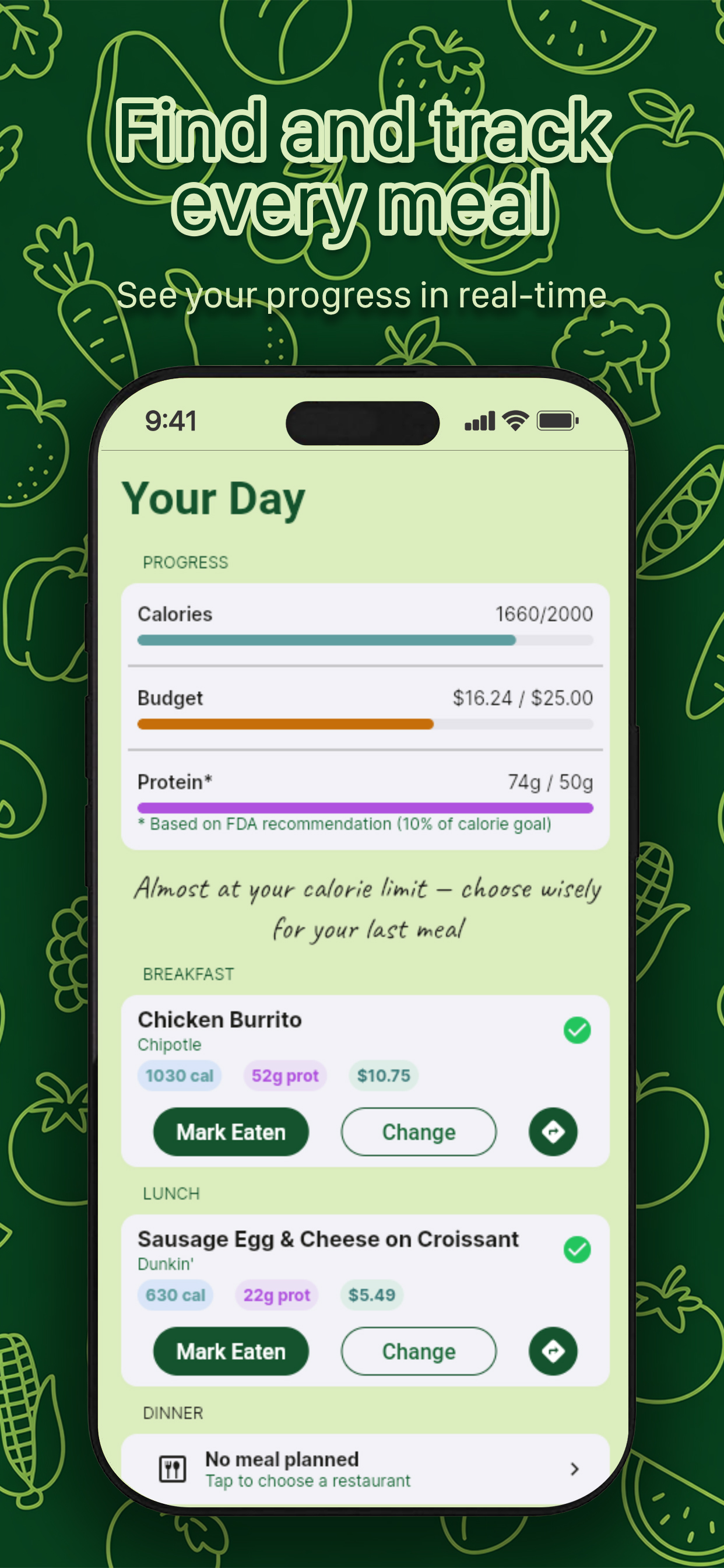 BitePath daily progress tracking with meal cards