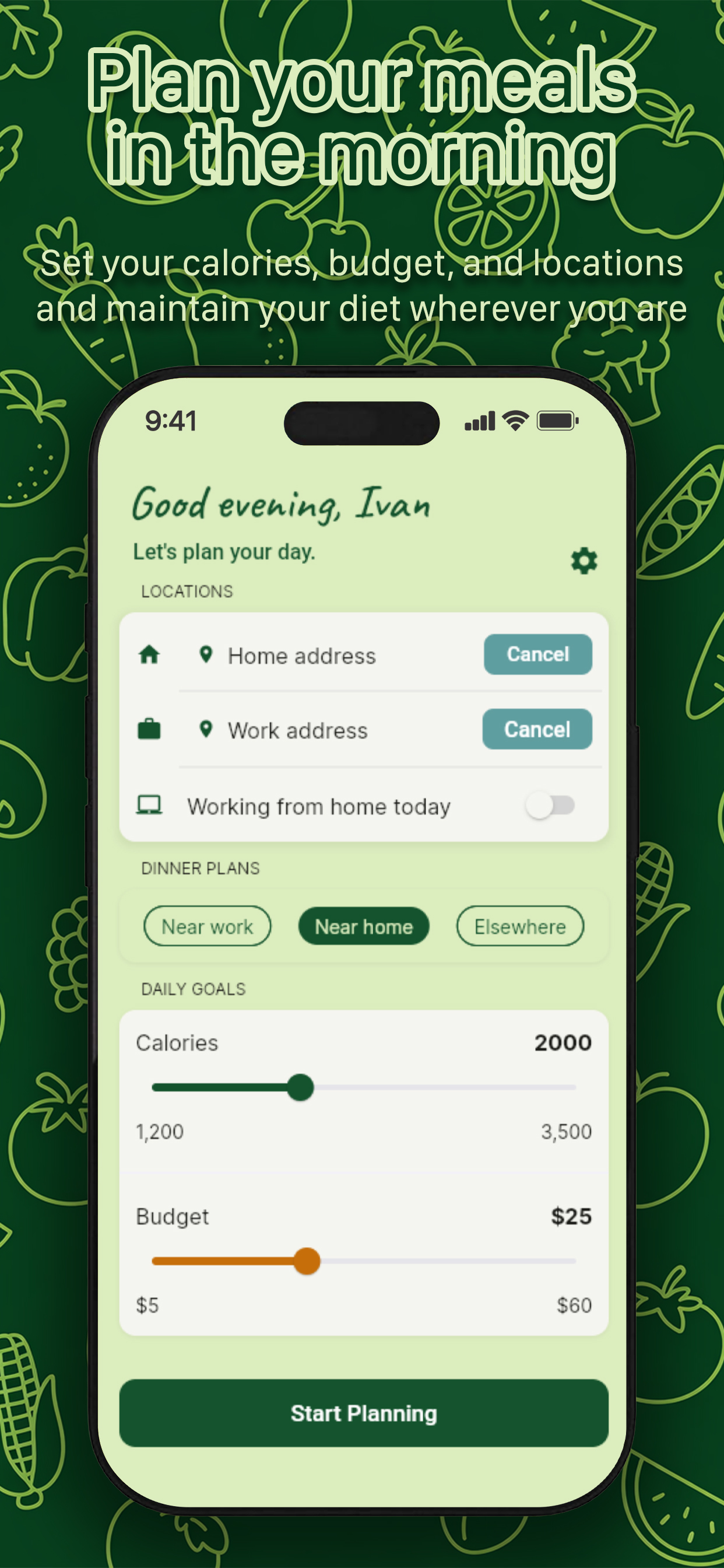 BitePath setup screen showing calorie and budget sliders